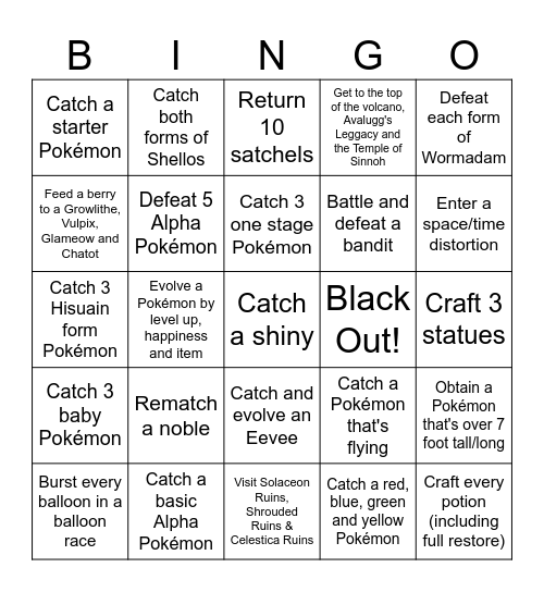 Pokemon Legends Arceus Bingo Card