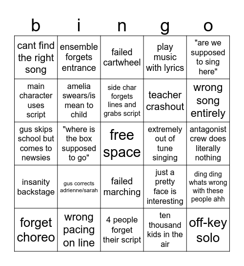 NEWSIES 1/16/26 Bingo Card