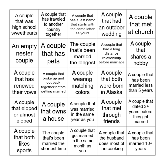 Couples Bingo Card