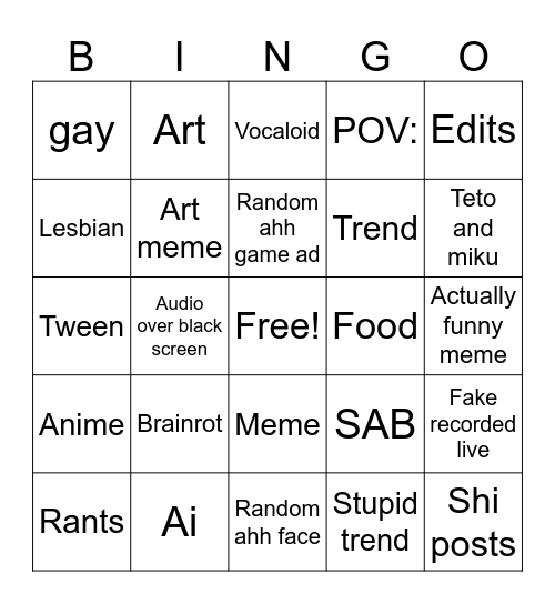 YouTube shorts Bingo Card