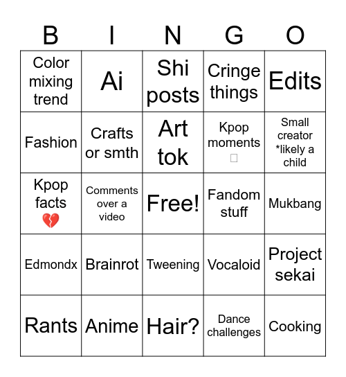 Yt shorts Bingo Card