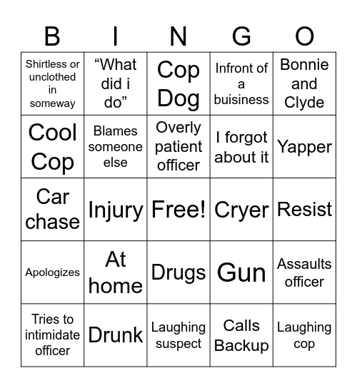 Good Police Cam Bingo Card