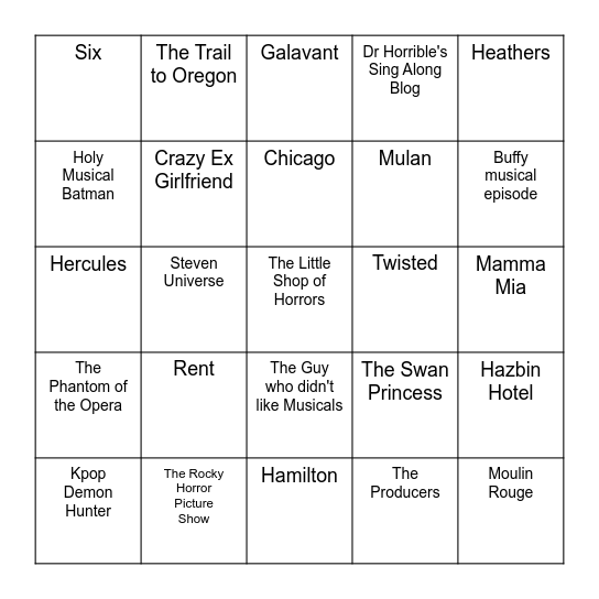 Musical Bingo Card