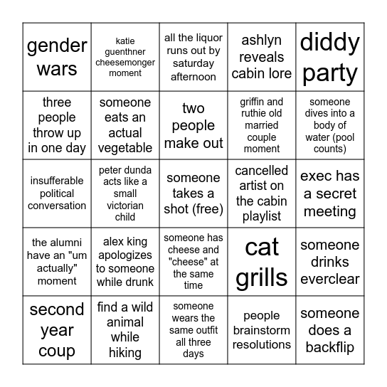 DLS Cabin Bingo Card