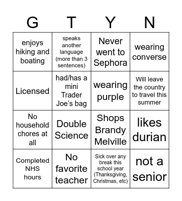Get to Know You Bingo Card