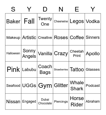 SYDNEY Bingo Card