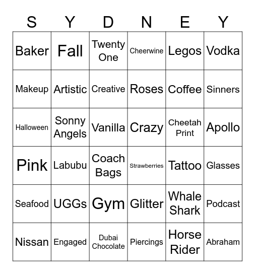 SYDNEY Bingo Card