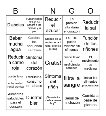 Salud de Corazon y Rinon Bingo Card