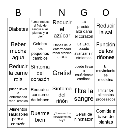 Salud de Corazon y Rinon Bingo Card