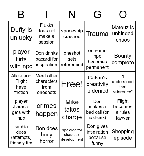 Unhinged Space Bingo Card