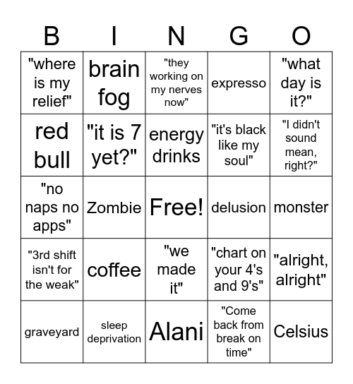 third shift edition Bingo Card