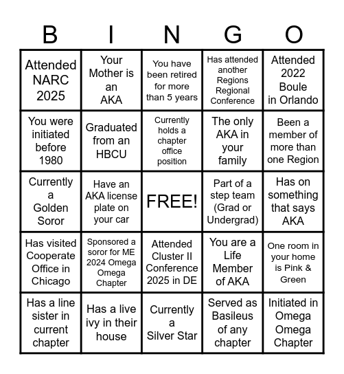 ALPHA KAPPA ALPHA SORORITY Bingo Card