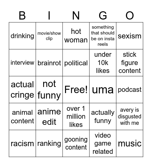 tiktok Bingo Card