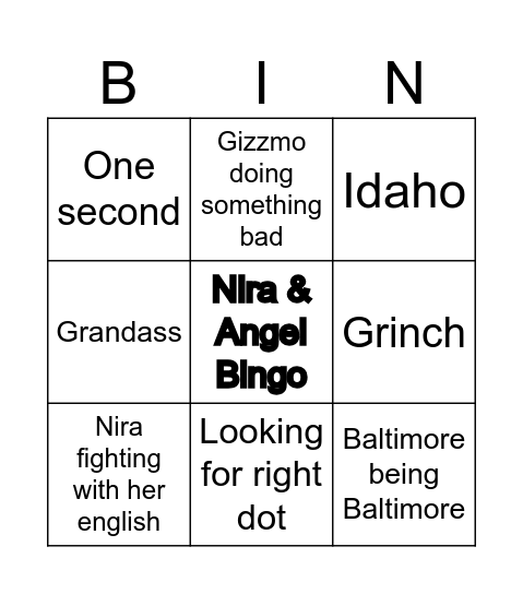 Nira and Angel Bingo Card