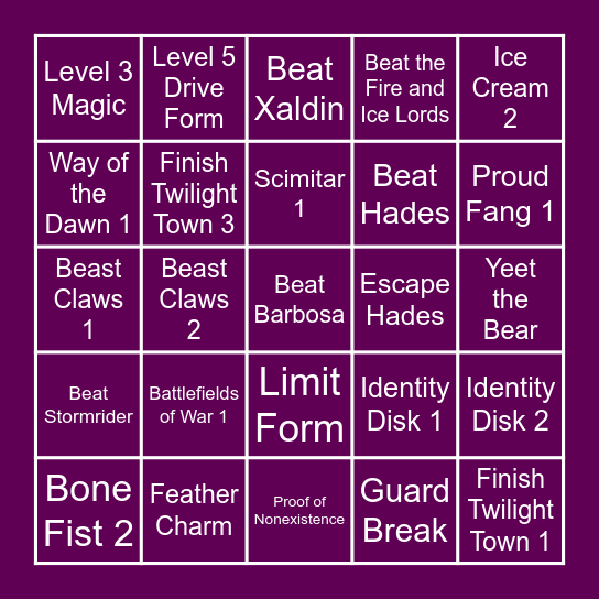 KH 2.5 Item List Bingo Card