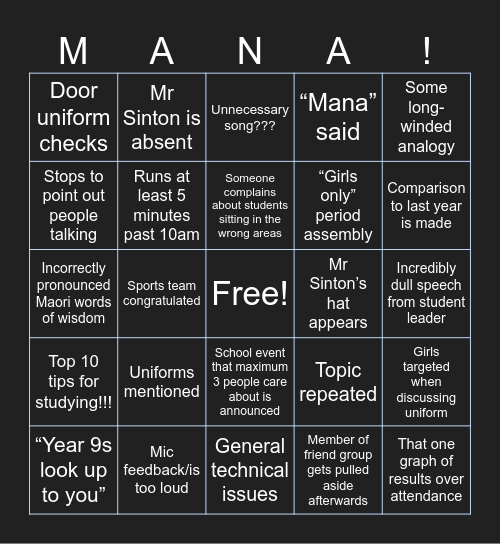 Mt College Assembly Bingo Card