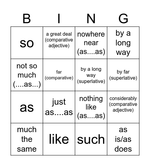 Comparisons Bingo Card