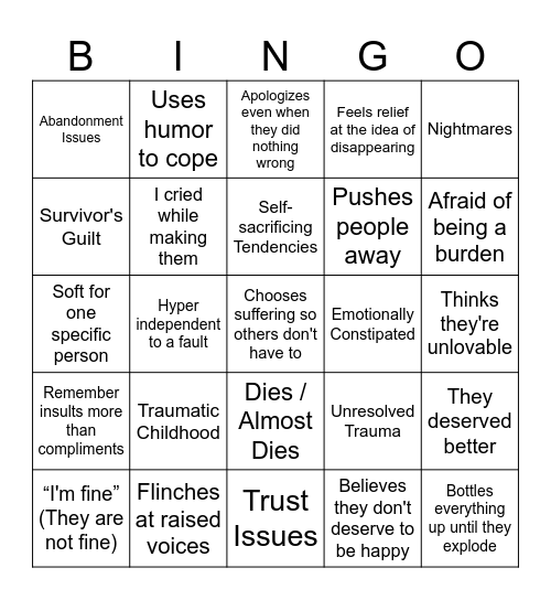 OC Angst Bingo Card
