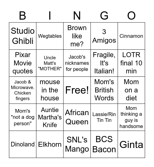 Family Bingo Card