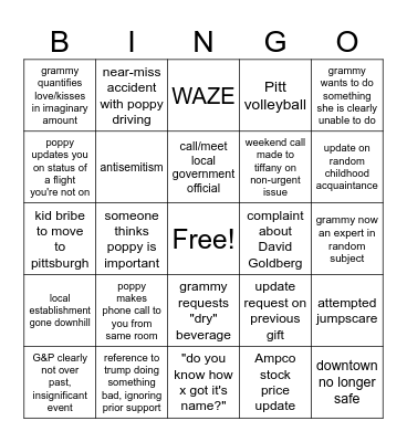 Pittsburgh Trip Bingo Card