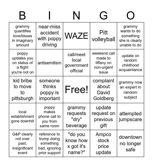 Pittsburgh Trip Bingo Card
