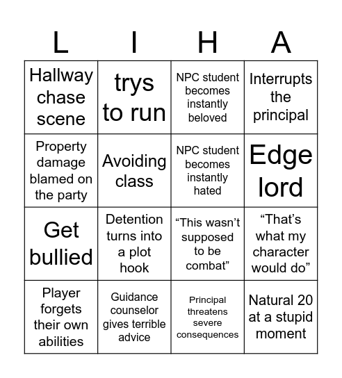 Session 0 Bingo Card