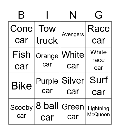 Hotwheels bingo Card