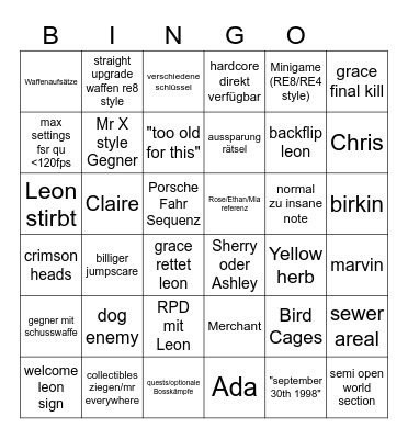 RE9 Shot Bingo Card