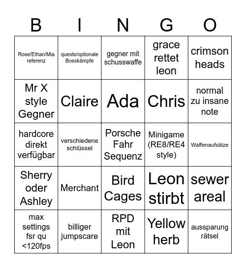 RE9 Shot Bingo Card