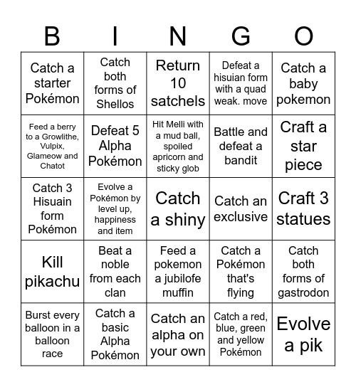 Pokmon Legends Arceus Bingo Card