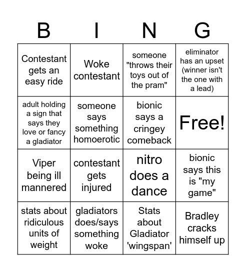 Gladiators Bingo Card