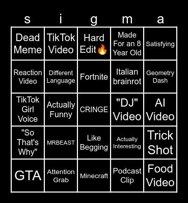 YouTube Shorts sigma Bingo Card