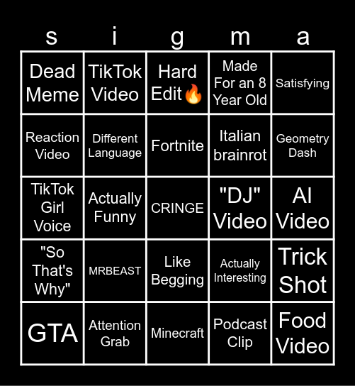 YouTube Shorts sigma Bingo Card