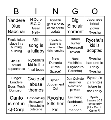 Canto 9 Prediction Bingo Card