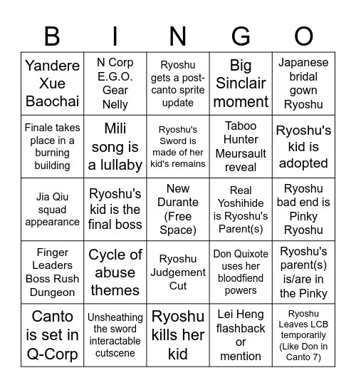 Canto 9 Prediction Bingo Card