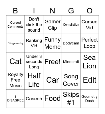 YT Shorts Bingo Card