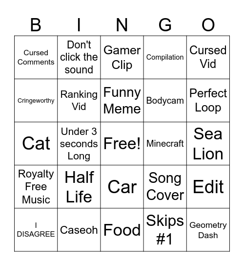 YT Shorts Bingo Card