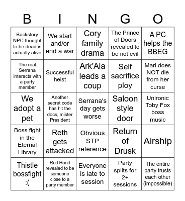 Bingo of Old Faerie Bingo Card