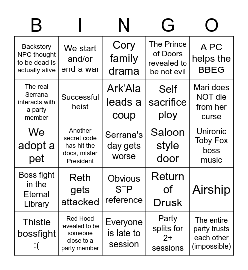 Bingo of Old Faerie Bingo Card