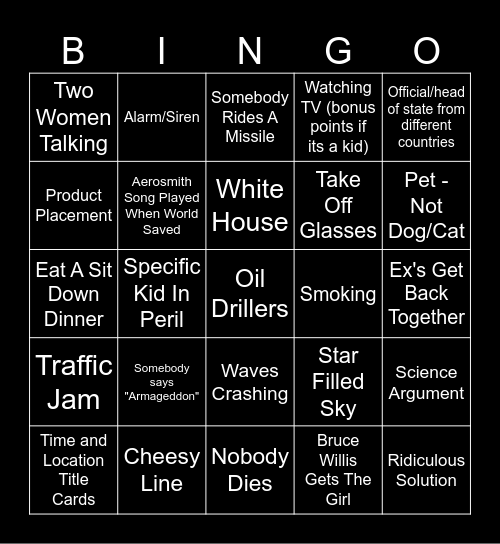 Pete watches Armageddon Bingo Card