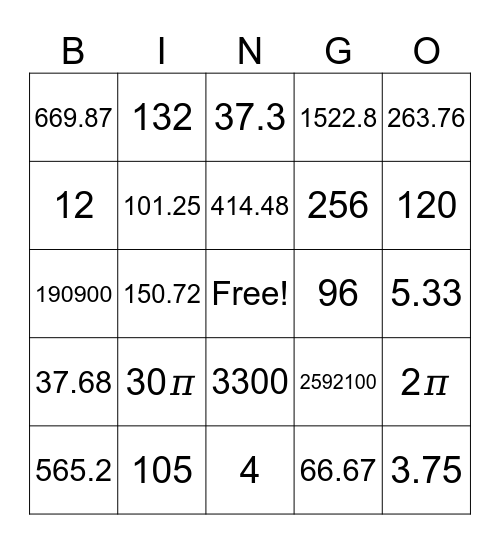 Volume & Surface Area Bingo Card