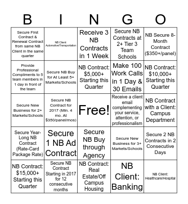 Sales Team Bingo Card