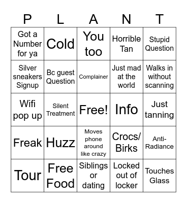 Planet Fitness Bingo Card