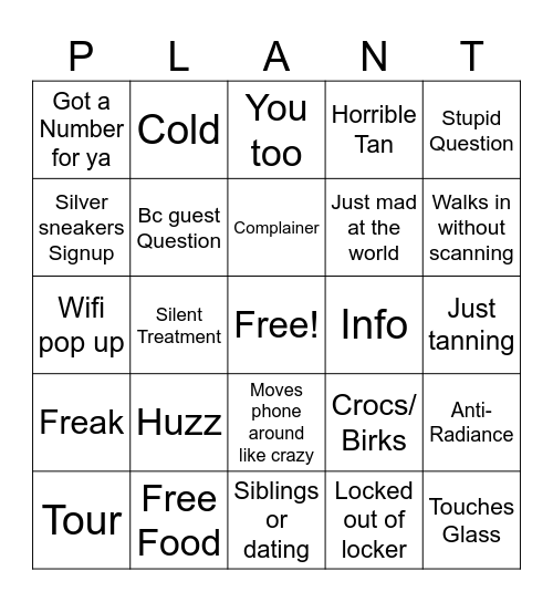 Planet Fitness Bingo Card