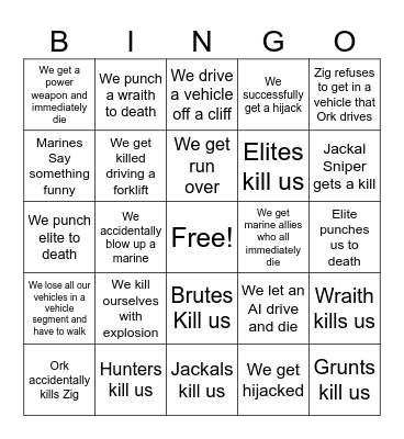Zig and Ork Halo Bingo Card