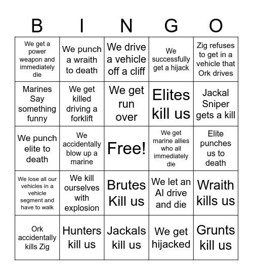 Zig and Ork Halo Bingo Card