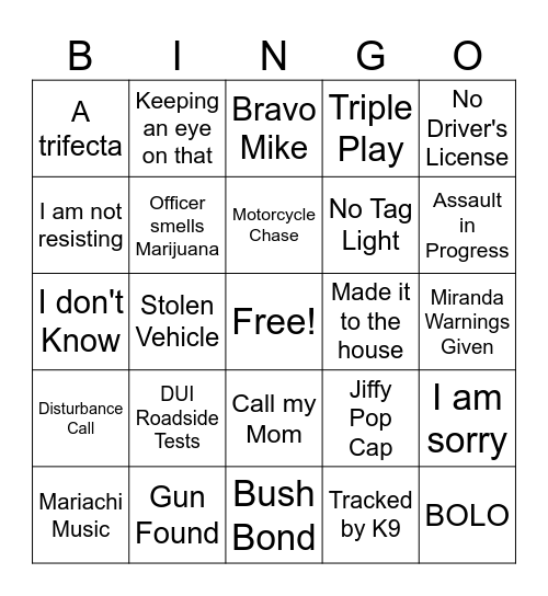 On Patrol Live Bingo Card