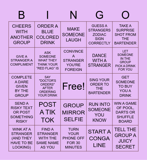 Bar Crawl Bingo Card