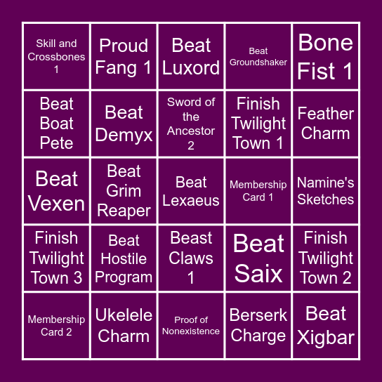 KH 2.5 Item List Bingo Card