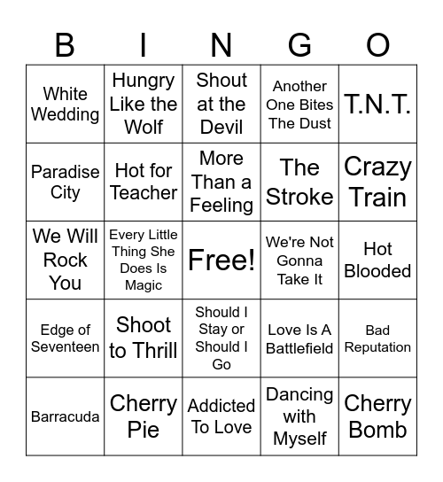 80's Rock Bingo #2 Bingo Card